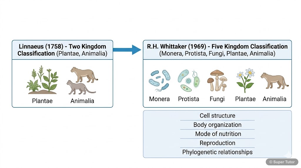 A timeline illustrating the progression from Linnaeus's Two Kingdom system to R.H. Whittaker's Five Kingdom system, highlighting the key additions and changes in classification criteria.